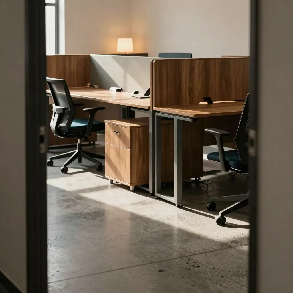 Ufficio riorganizzato con postazioni sfalsate, passaggi liberi e luce calda radente.