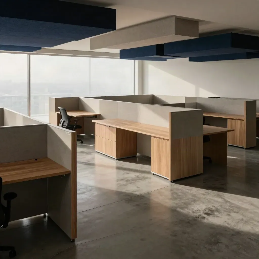 Ufficio aperto con tavoli modulari bassi, armadi compatti e pannelli acustici sospesi.
