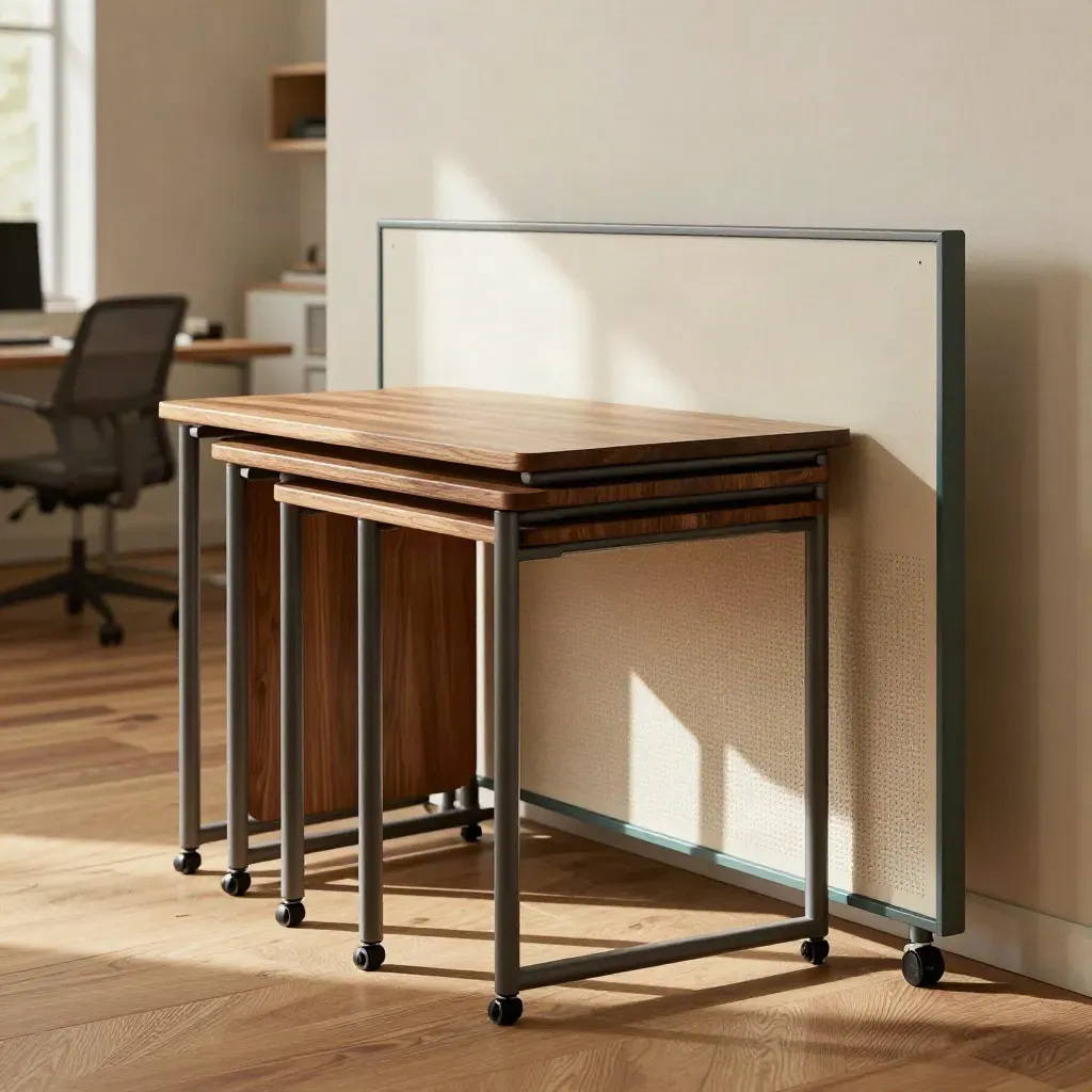 Arredi modulari appena ricollocati in una stanza luminosa, con tavoli impilabili e parete mobile.