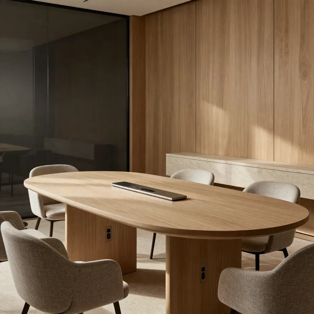 Sala riunioni ibrida finita con tavolo ovale, legno chiaro, travertino e sedute tessili.