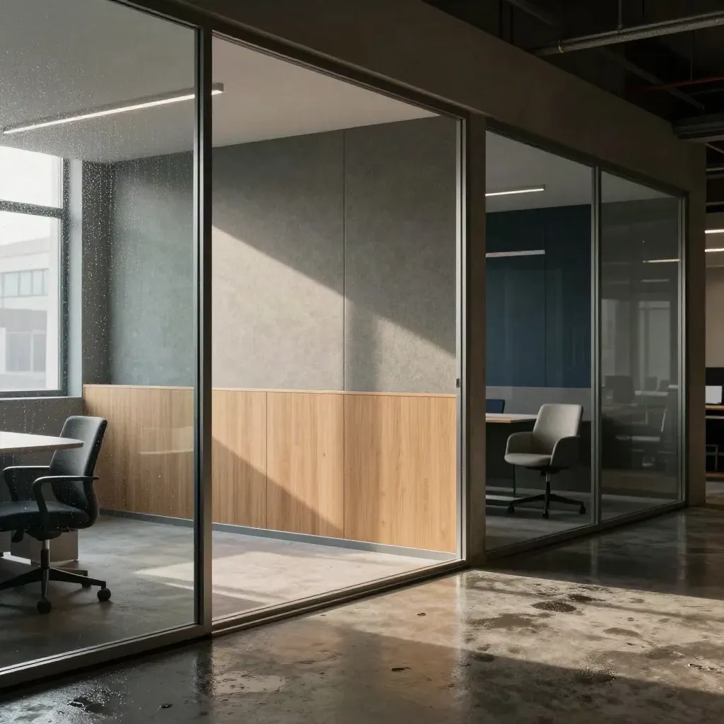 Loft industriale con vetro fumé, legno chiaro e luce del mattino