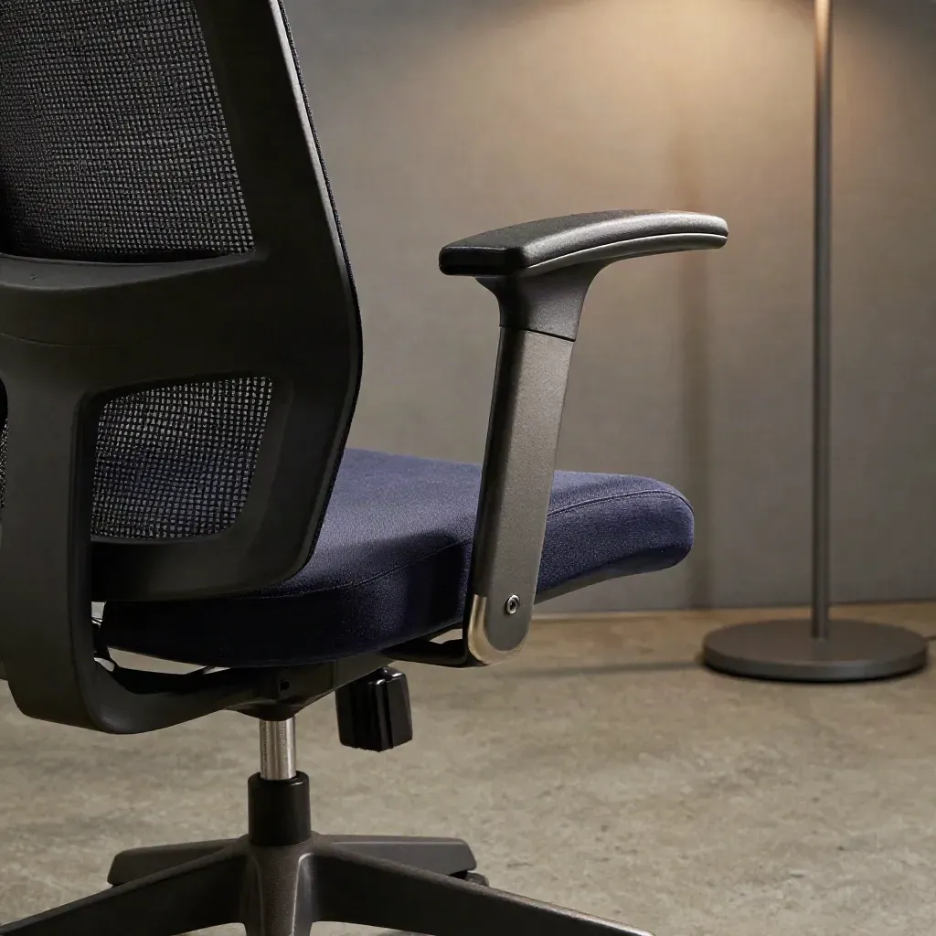 Sedia ergonomica, poggiapiedi e lampada da lavoro in un angolo ufficio, dettagli tecnici ravvicinati.