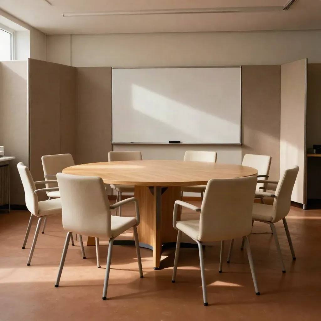 Aula formazione pronta con sedie a semicerchio e lavagna bianca, in luce calda.