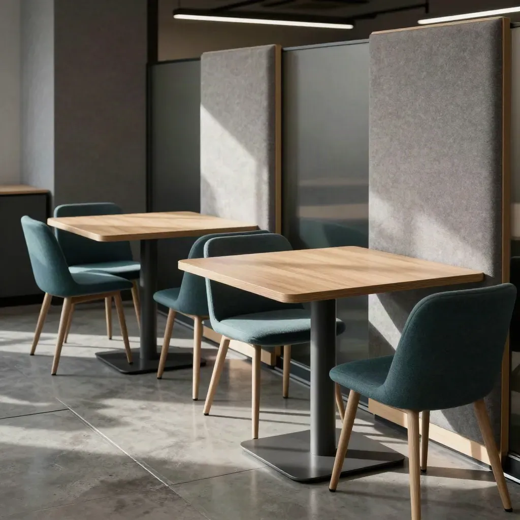 Area vendite ordinata con tavoli compatti, sedute teal e pannelli acustici in ufficio moderno