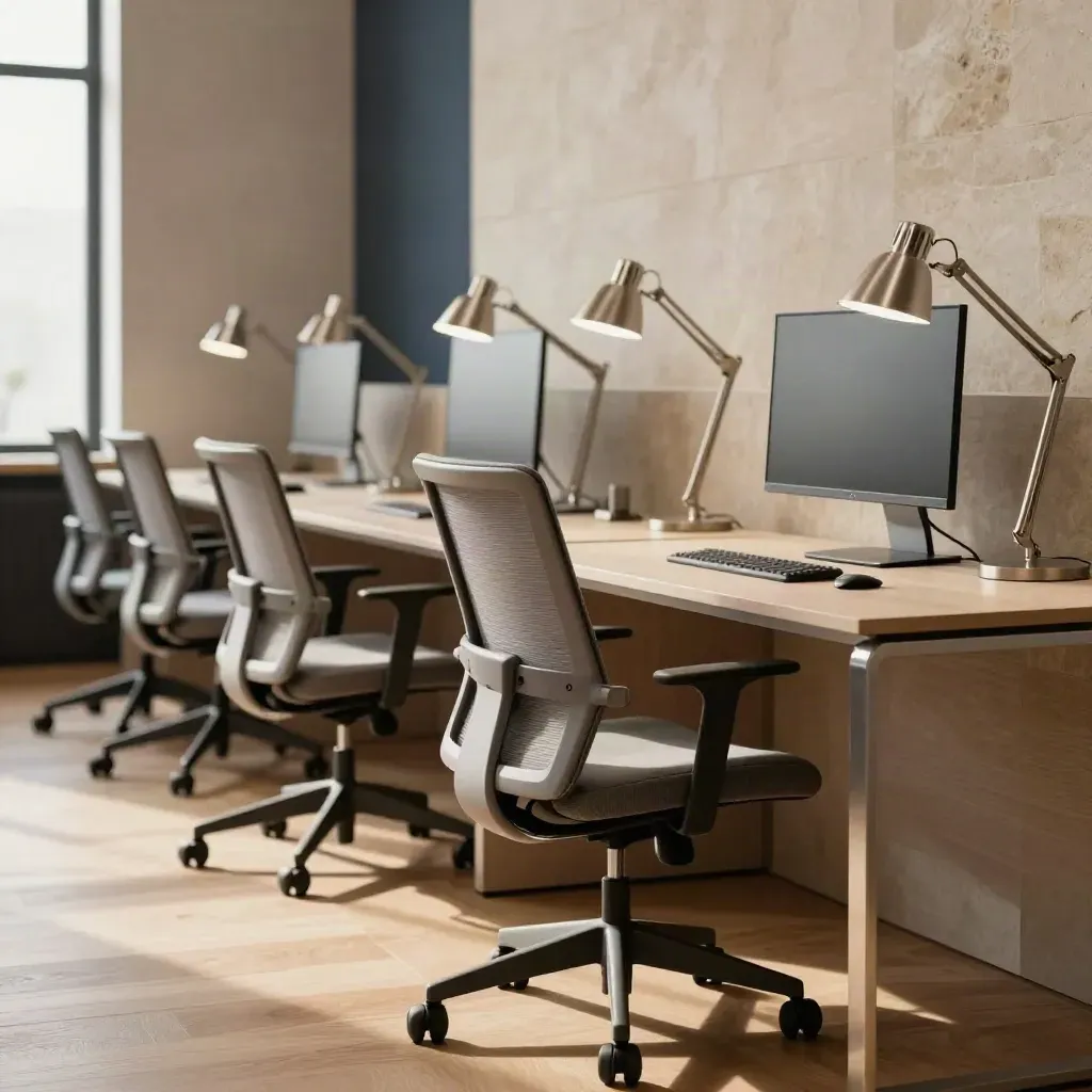 HQ ordinato con sedie ergonomiche, monitor e lampade allineati in una fila precisa.