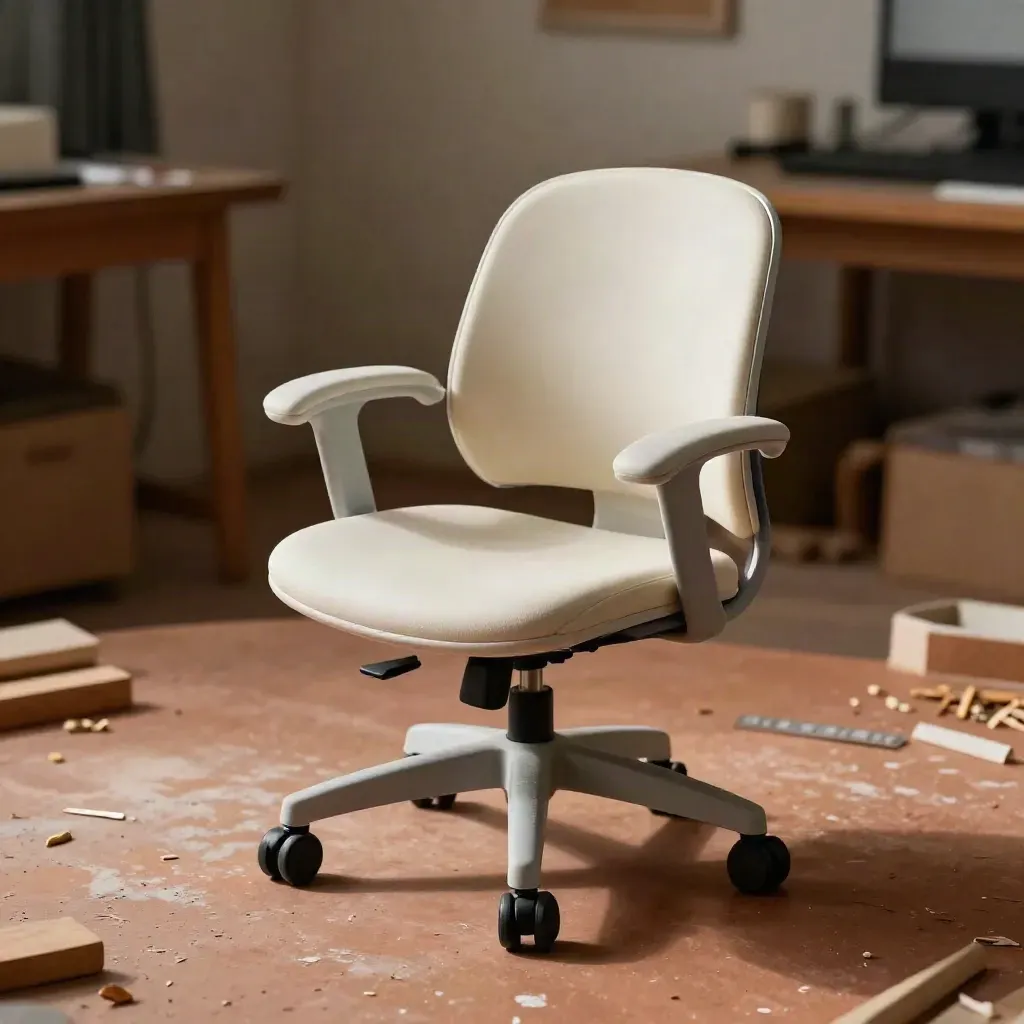 Mini sedia ergonomica, poggiapiedi e supporto lombare su lastra terracotta, luce laterale calda.