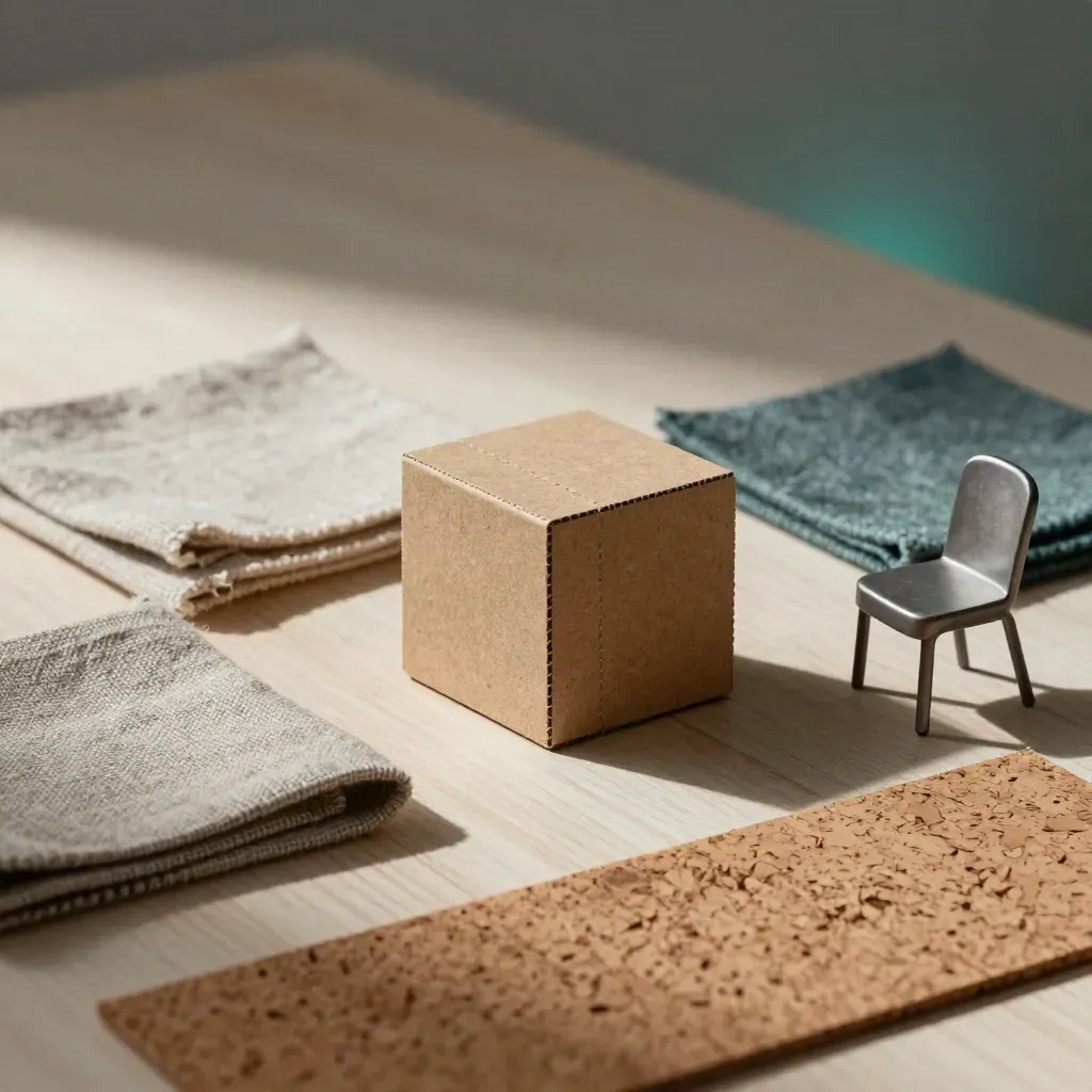 Maquette in cartone kraft con campioni tessili, dettaglio sedia e tappeto in sughero su legno chiaro.