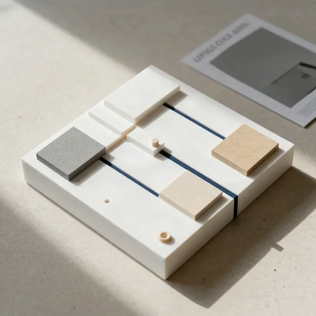 Flatlay dall’alto con modello operativo in foam board bianca e campioni finitura su pietra chiara