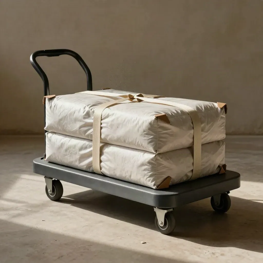 Carrello con moduli imballati, distanziatori in feltro e protezioni angolari su pavimento chiaro.