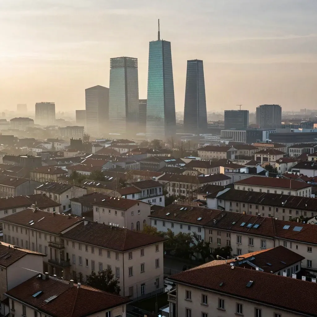 Milano all’alba con Porta Nuova sopra tetti in foschia dorata.
