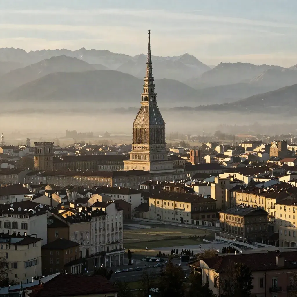 Torino e Mole Antonelliana sopra la pianura di Piemonte nella nebbia del mattino