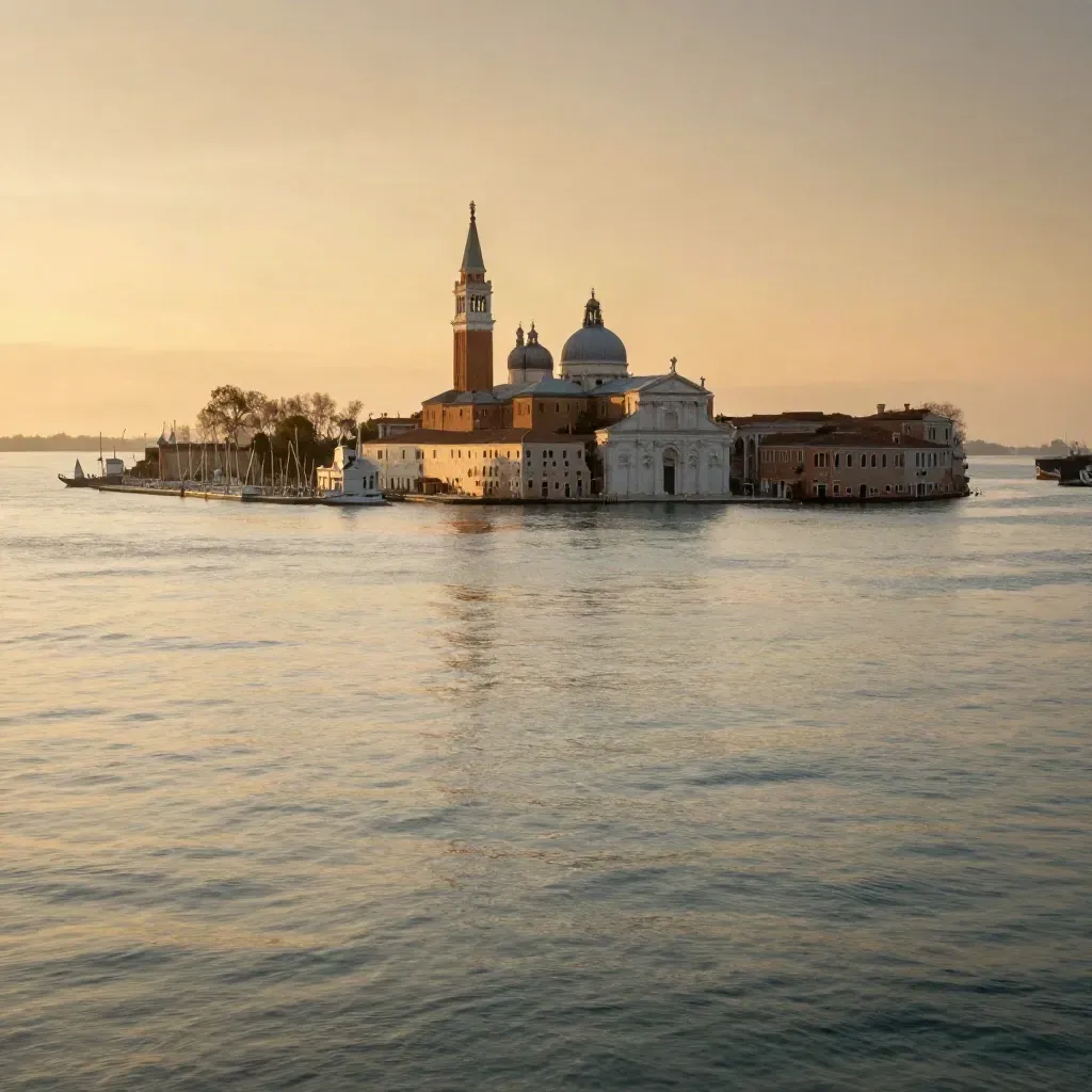 Laguna di Venezia al tramonto, San Giorgio alto nel cielo e acqua calma dorata.