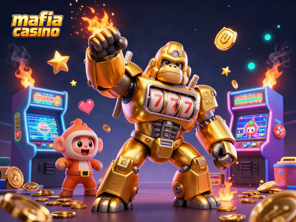 Mafia casino themed 3D illustration with a golden gorilla mech and arcade elements portraying dynamic gameplay.